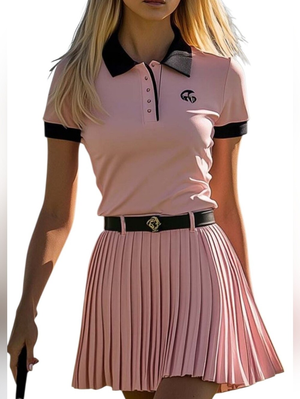 Oyrosy Pink & Black Blue Pleated Polo Lined Dress Size: Small NEW